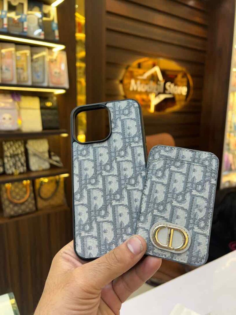 Grey metal logo case with card holder
